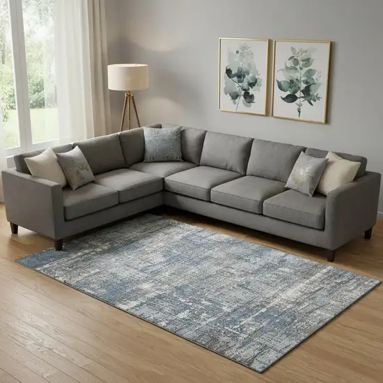 Denim Blue Gray And Ivory Geometric Washable Area Rug With UV Protection Photo 2