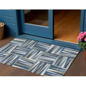Photo of Denim Blue Gray And Ivory Geometric Washable Indoor Outdoor Area Rug