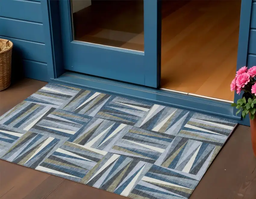 Denim Blue Gray And Ivory Geometric Washable Indoor Outdoor Area Rug Photo 1