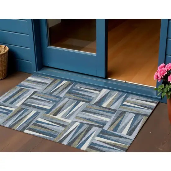 Denim Blue Gray And Ivory Geometric Washable Indoor Outdoor Area Rug Photo 1