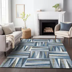 Photo of Denim Blue Gray And Ivory Geometric Washable Indoor Outdoor Area Rug