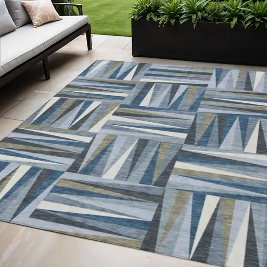 Denim Blue Gray And Ivory Geometric Washable Indoor Outdoor Area Rug Photo 1