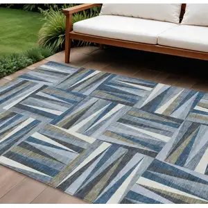 Photo of Denim Blue Gray And Ivory Geometric Washable Indoor Outdoor Area Rug