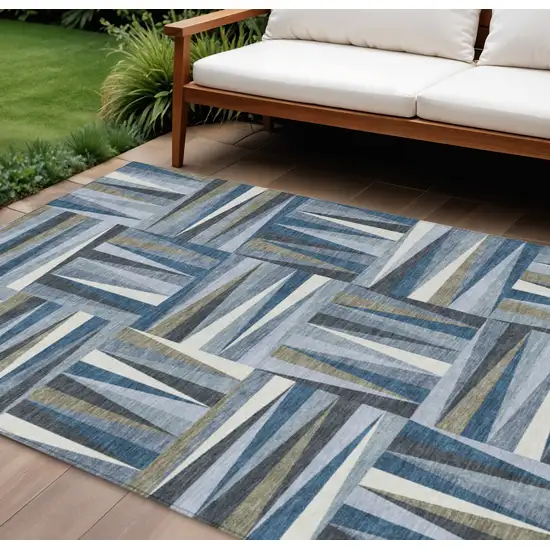 Denim Blue Gray And Ivory Geometric Washable Indoor Outdoor Area Rug Photo 1