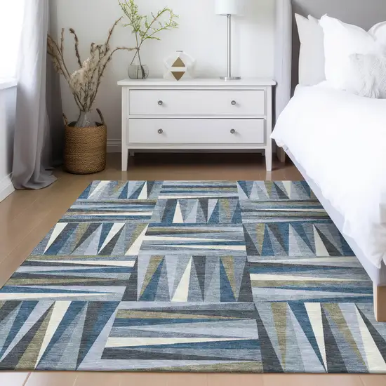Denim Blue Gray And Ivory Geometric Washable Indoor Outdoor Area Rug Photo 9