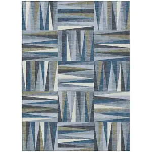 Photo of Denim Blue Gray And Ivory Geometric Washable Indoor Outdoor Area Rug