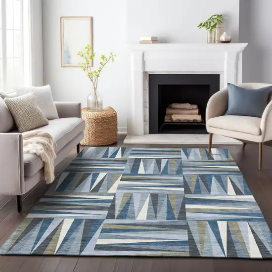 Denim Blue Gray And Ivory Geometric Washable Indoor Outdoor Area Rug Photo 9