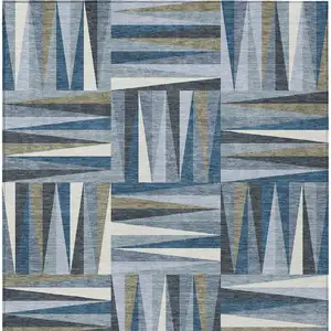 Photo of Denim Blue Gray And Ivory Geometric Washable Indoor Outdoor Area Rug