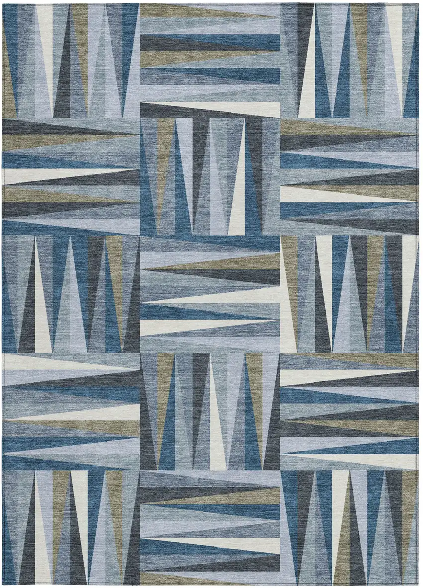 Denim Blue Gray And Ivory Geometric Washable Indoor Outdoor Area Rug Photo 7