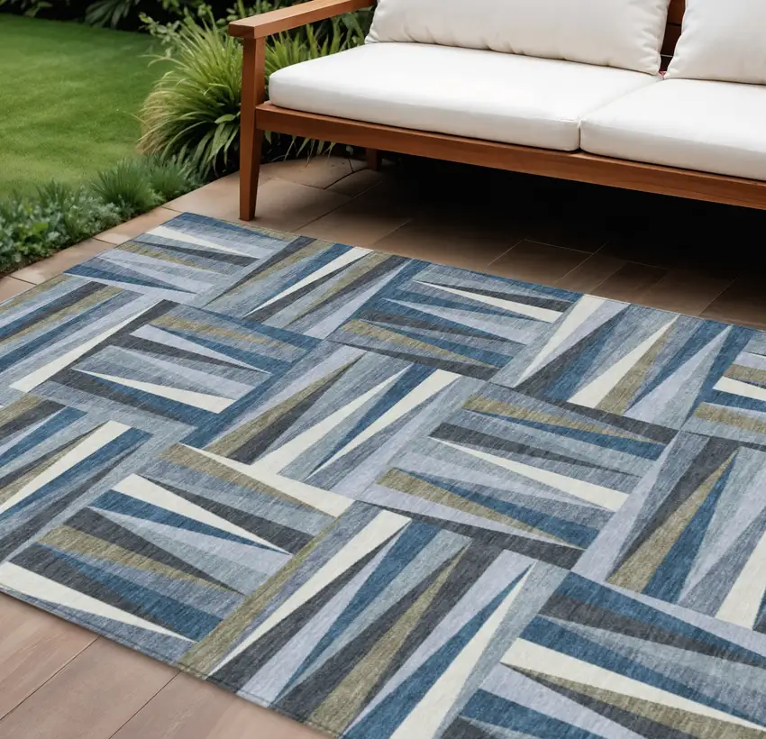 Denim Blue Gray And Ivory Geometric Washable Indoor Outdoor Area Rug Photo 1