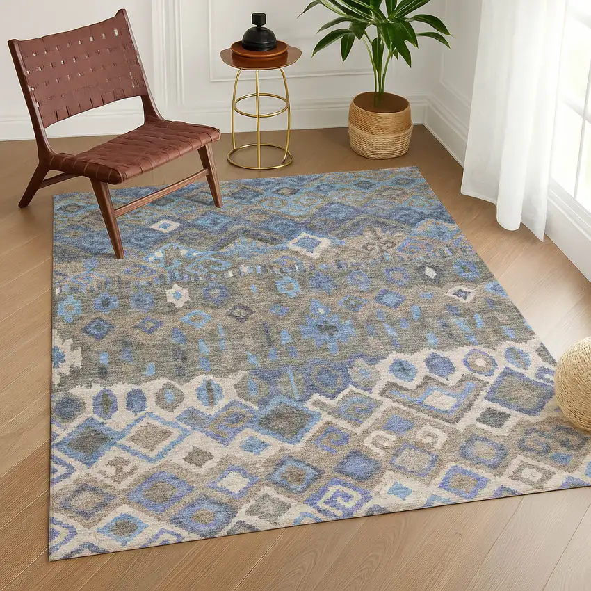 Denim Blue Gray And Ivory Geometric Washable Indoor Outdoor Area Rug Photo 8