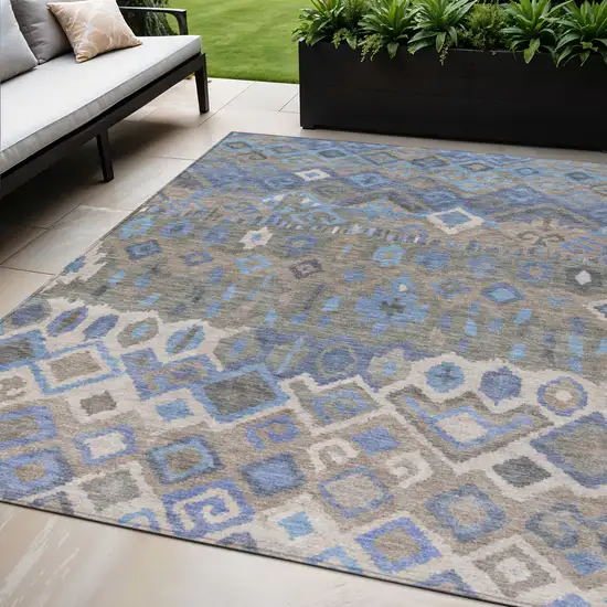 Denim Blue Gray And Ivory Geometric Washable Indoor Outdoor Area Rug Photo 1