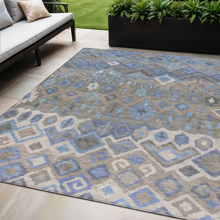 Denim Blue Gray And Ivory Geometric Washable Indoor Outdoor Area Rug Photo 1