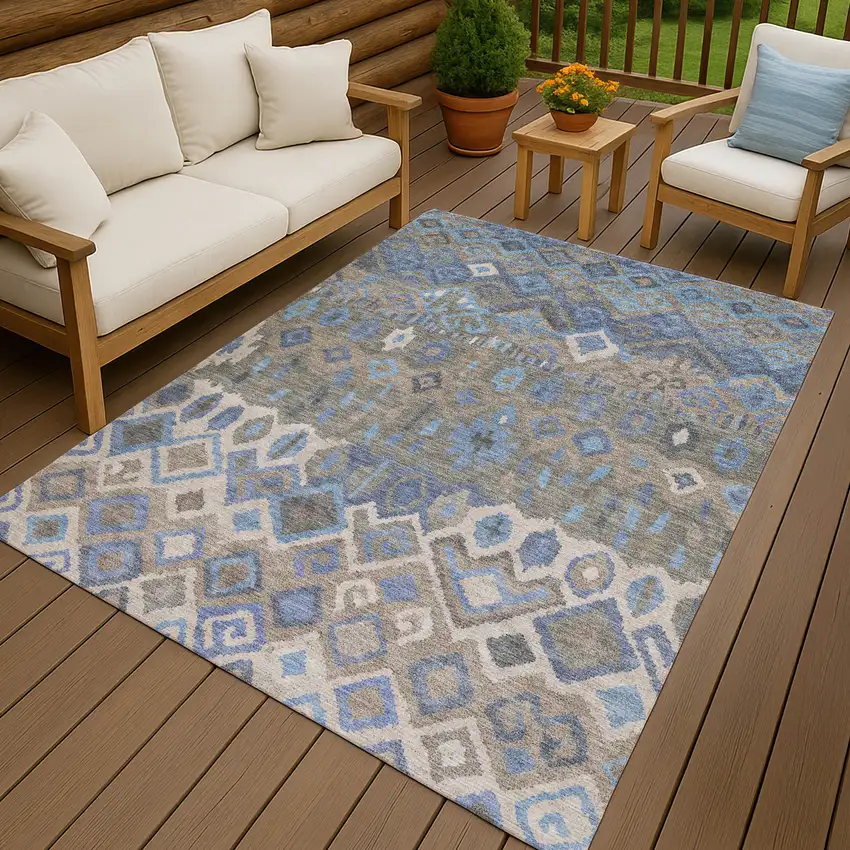 Denim Blue Gray And Ivory Geometric Washable Indoor Outdoor Area Rug Photo 9