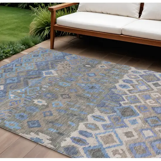 Denim Blue Gray And Ivory Geometric Washable Indoor Outdoor Area Rug Photo 1