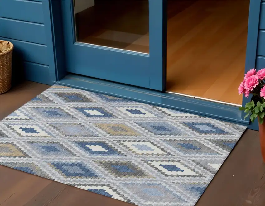Denim Blue Gray And Ivory Geometric Washable Indoor Outdoor Area Rug Photo 1