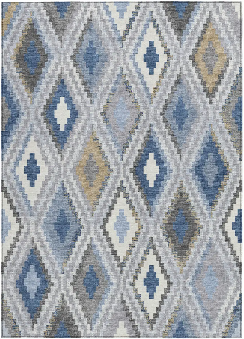 Denim Blue Gray And Ivory Geometric Washable Indoor Outdoor Area Rug Photo 4