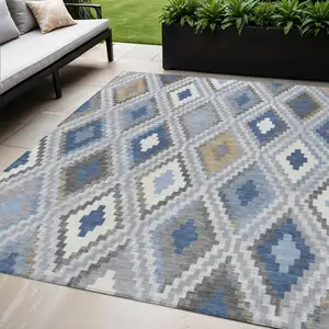 Photo of Denim Blue Gray And Ivory Geometric Washable Indoor Outdoor Area Rug