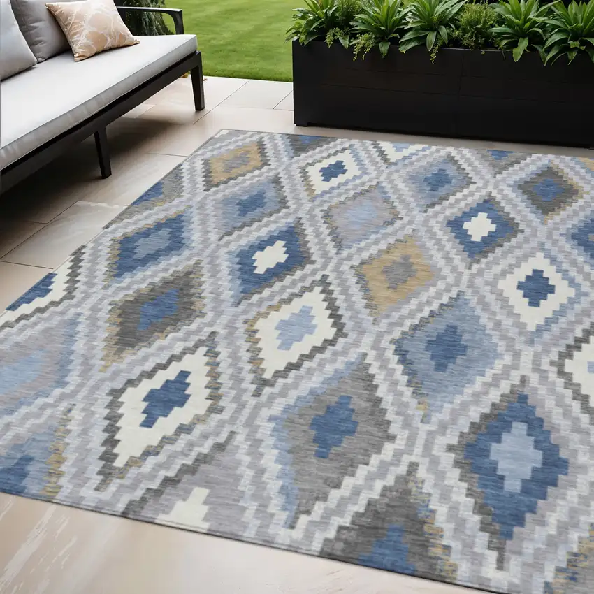 Denim Blue Gray And Ivory Geometric Washable Indoor Outdoor Area Rug Photo 1