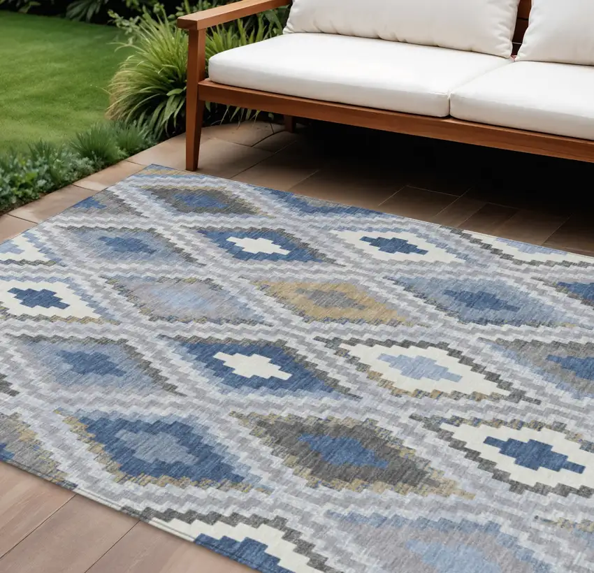Denim Blue Gray And Ivory Geometric Washable Indoor Outdoor Area Rug Photo 1