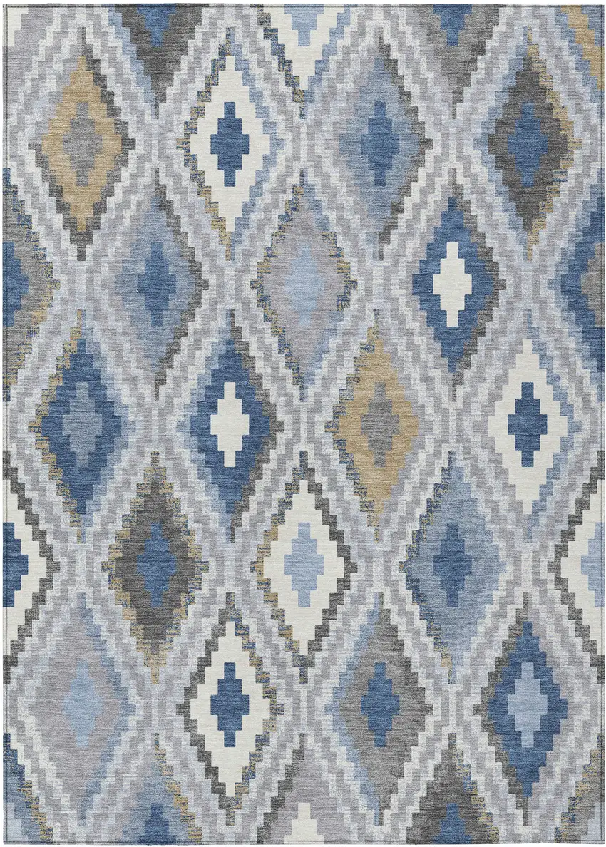 Denim Blue Gray And Ivory Geometric Washable Indoor Outdoor Area Rug Photo 2