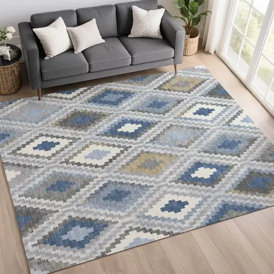 Denim Blue Gray And Ivory Geometric Washable Indoor Outdoor Area Rug Photo 9