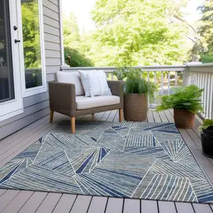 Photo of Denim Blue Gray And Ivory Geometric Washable Indoor Outdoor Area Rug