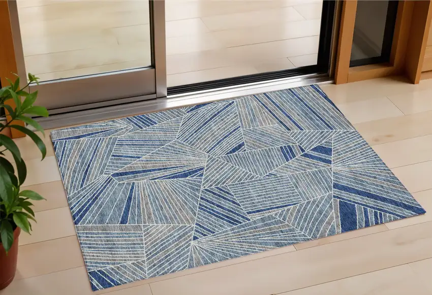 Denim Blue Gray And Ivory Geometric Washable Indoor Outdoor Area Rug Photo 1