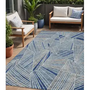 Photo of Denim Blue Gray And Ivory Geometric Washable Indoor Outdoor Area Rug