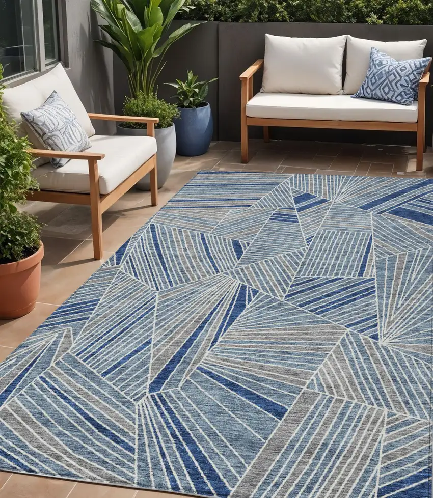 Denim Blue Gray And Ivory Geometric Washable Indoor Outdoor Area Rug Photo 1