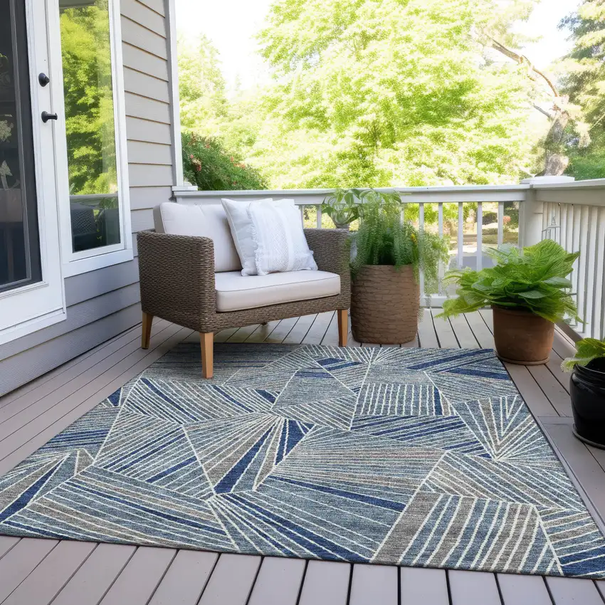 Denim Blue Gray And Ivory Geometric Washable Indoor Outdoor Area Rug Photo 9