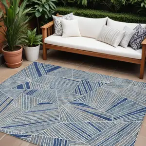 Photo of Denim Blue Gray And Ivory Geometric Washable Indoor Outdoor Area Rug