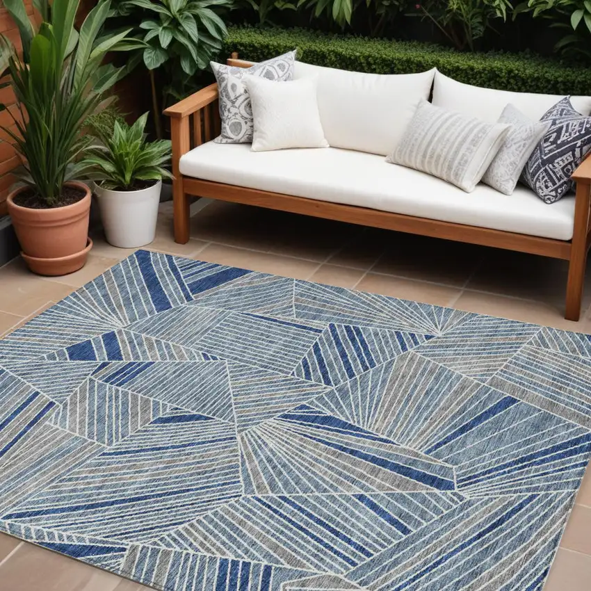 Denim Blue Gray And Ivory Geometric Washable Indoor Outdoor Area Rug Photo 1