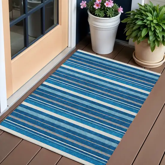 Denim Blue Gray And Ivory Striped Washable Indoor Outdoor Area Rug Photo 1