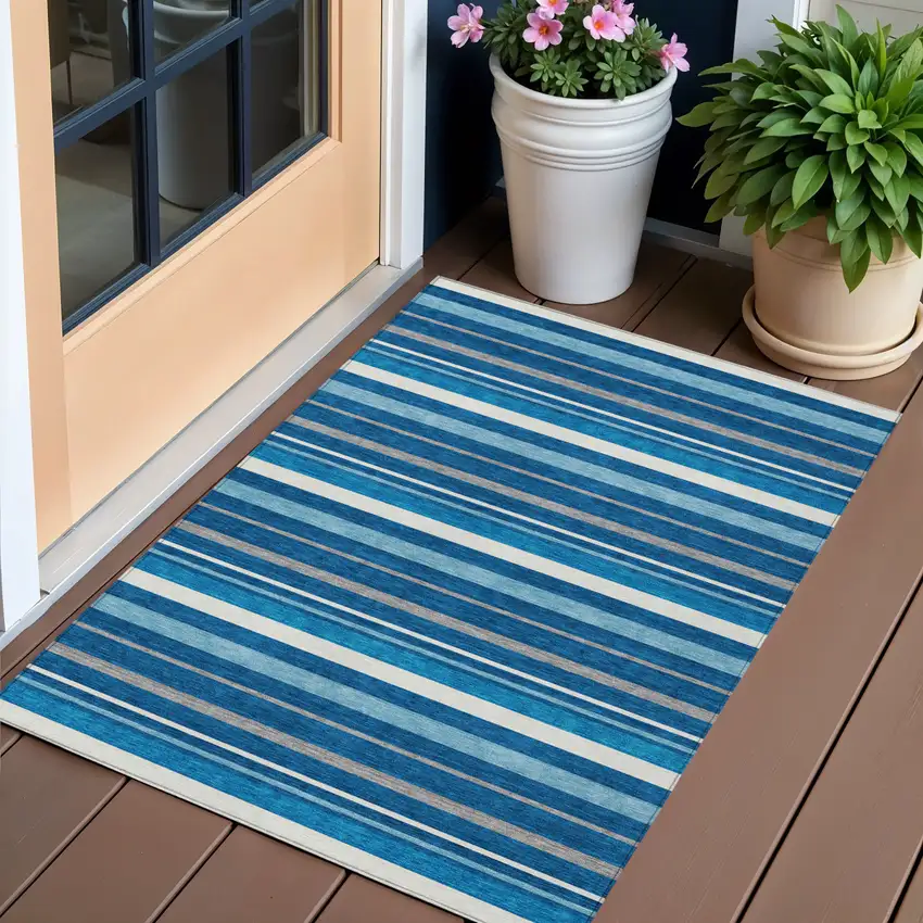 Denim Blue Gray And Ivory Striped Washable Indoor Outdoor Area Rug Photo 1