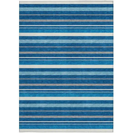 Denim Blue Gray And Ivory Striped Washable Indoor Outdoor Area Rug Photo 7