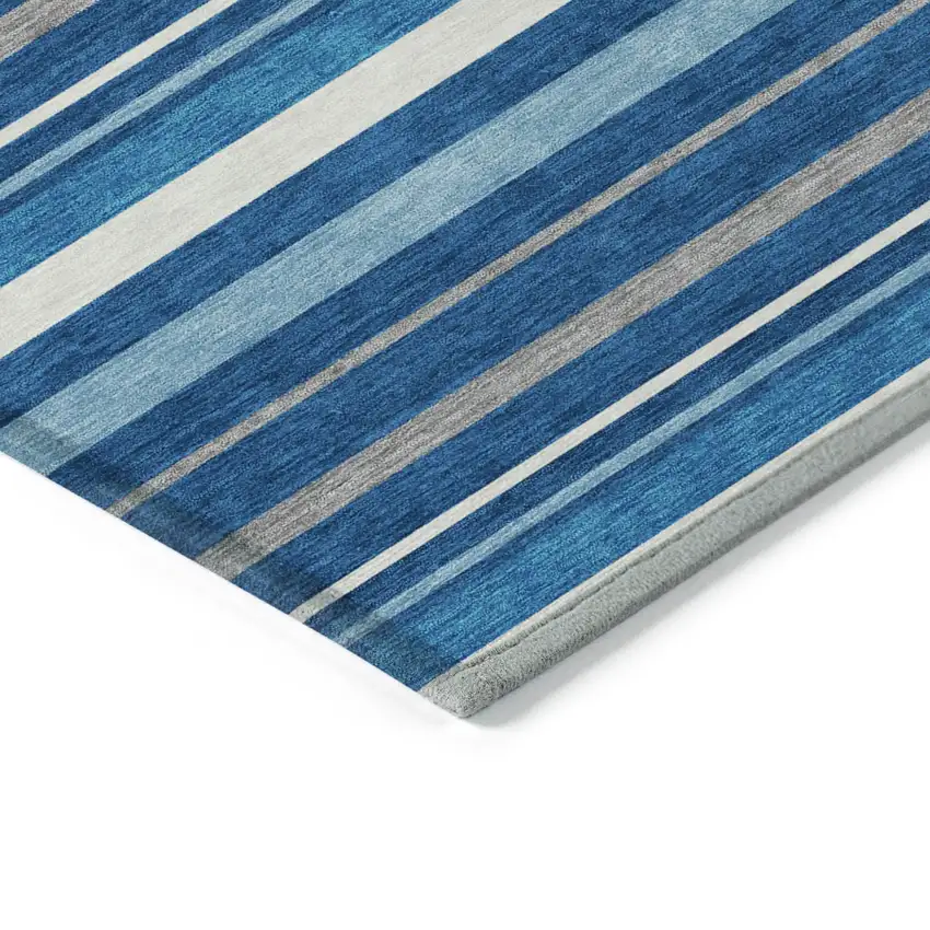 Denim Blue Gray And Ivory Striped Washable Indoor Outdoor Area Rug Photo 5