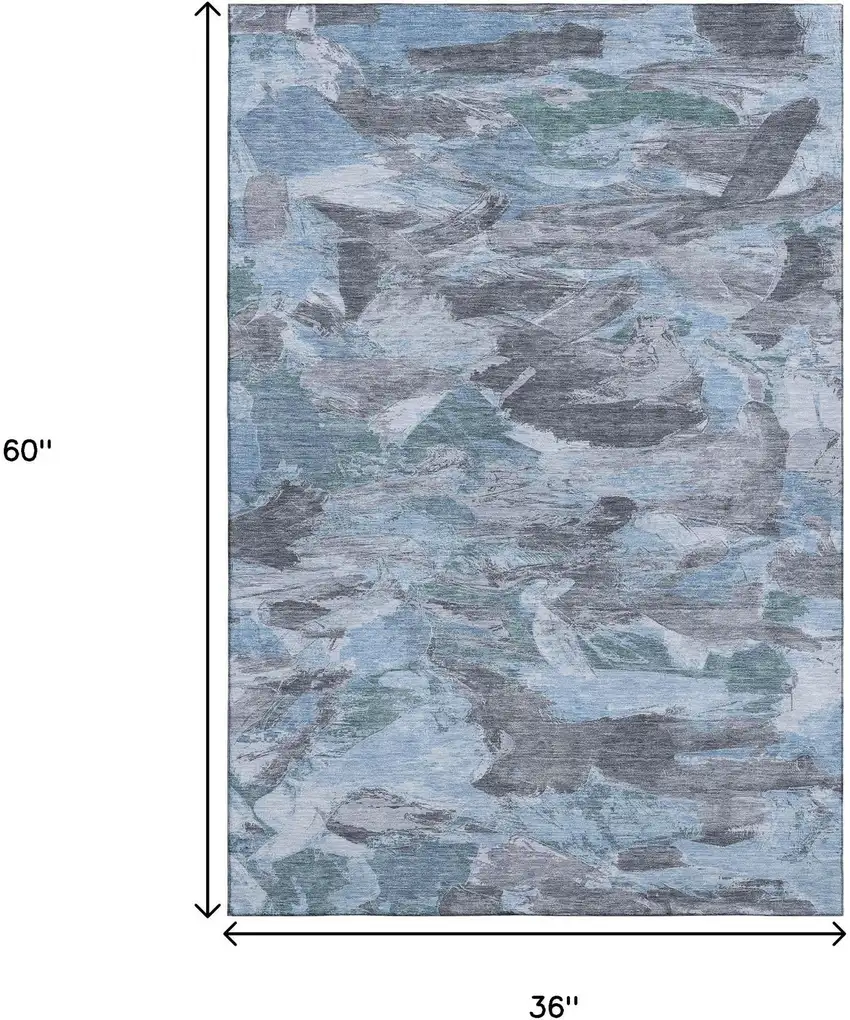Denim Blue Gray And Silver Abstract Washable Area Rug With UV Protection Photo 3