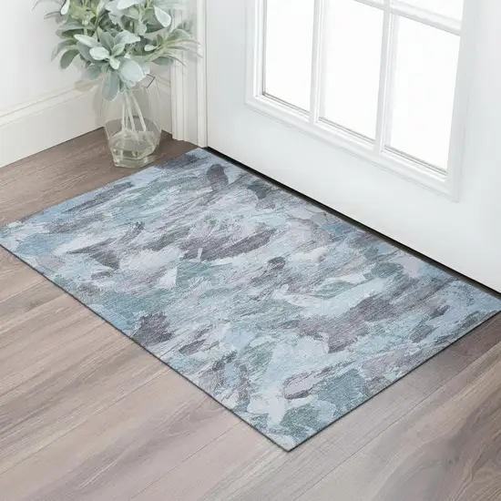 Denim Blue Gray And Silver Abstract Washable Area Rug With UV Protection Photo 2