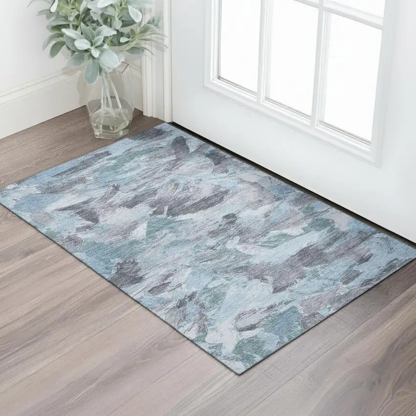 Denim Blue Gray And Silver Abstract Washable Area Rug With UV Protection Photo 2