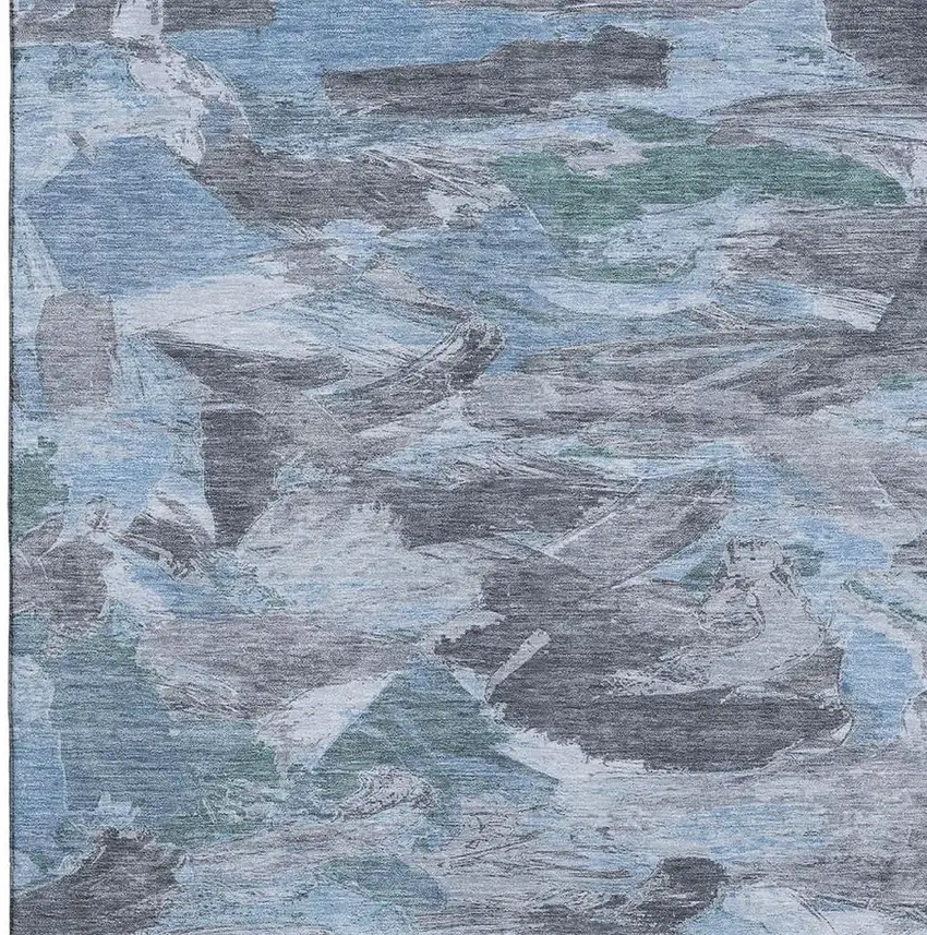 Denim Blue Gray And Silver Abstract Washable Area Rug With UV Protection Photo 3