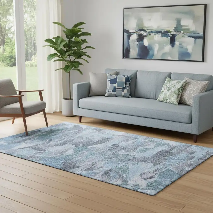 Denim Blue Gray And Silver Abstract Washable Area Rug With UV Protection Photo 2