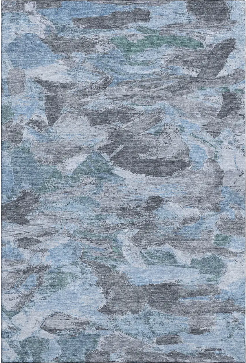 Denim Blue Gray And Silver Abstract Washable Area Rug With UV Protection Photo 1
