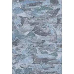 Photo of Denim Blue Gray And Silver Abstract Washable Area Rug With UV Protection