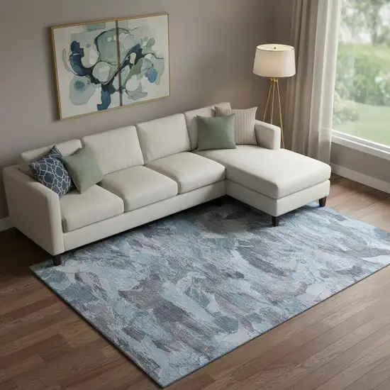 Denim Blue Gray And Silver Abstract Washable Area Rug With UV Protection Photo 2