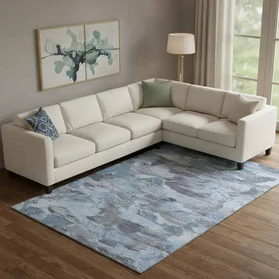 Denim Blue Gray And Silver Abstract Washable Area Rug With UV Protection Photo 2