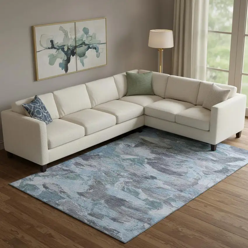 Denim Blue Gray And Silver Abstract Washable Area Rug With UV Protection Photo 2