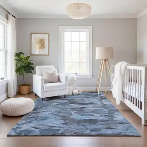 Photo of Denim Blue Gray And Silver Abstract Washable Area Rug With UV Protection