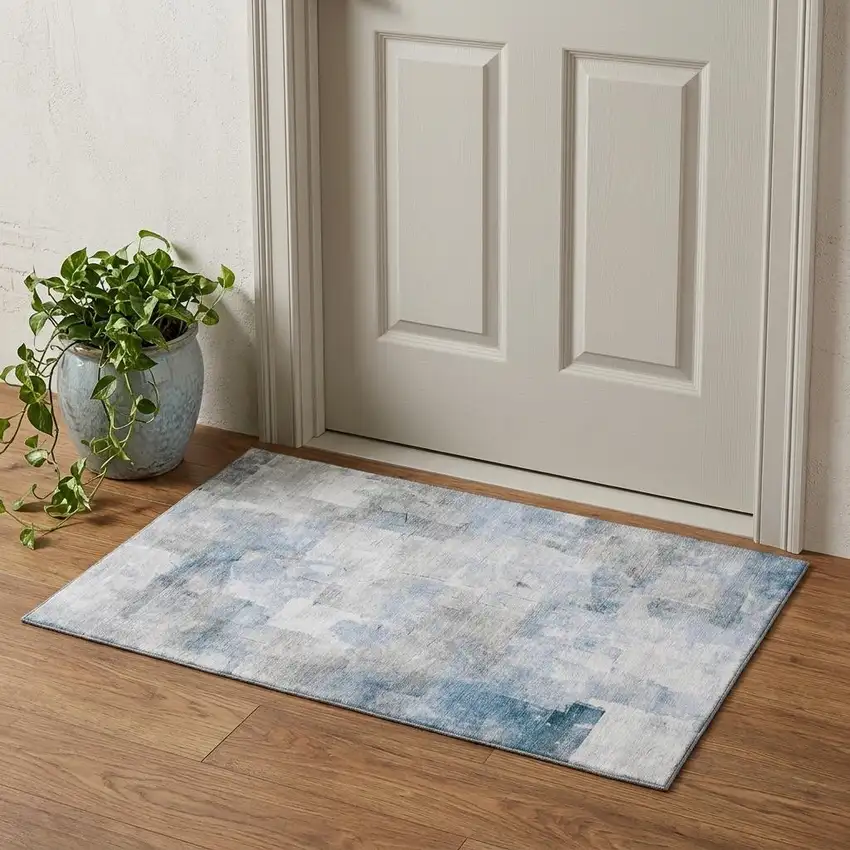 Denim Blue Gray And Silver Abstract Washable Area Rug With UV Protection Photo 1