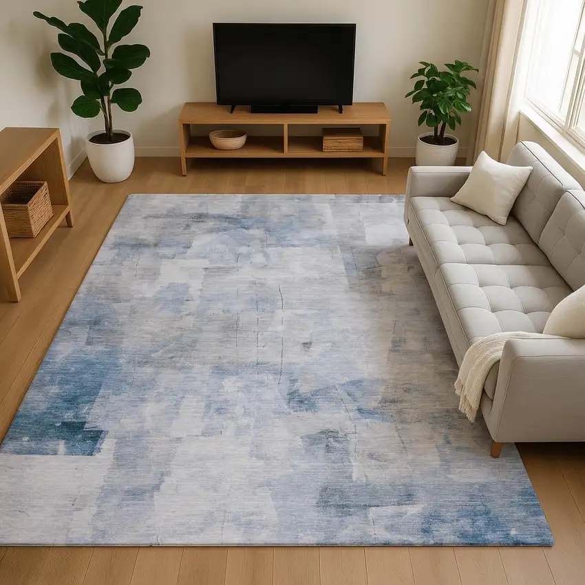 Denim Blue Gray And Silver Abstract Washable Area Rug With UV Protection Photo 3